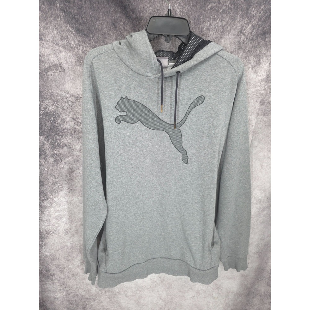 Puma Hoodie Mens XL Gray Pullover Cat Logo Fleece Hooded Sweatshirt Sweater